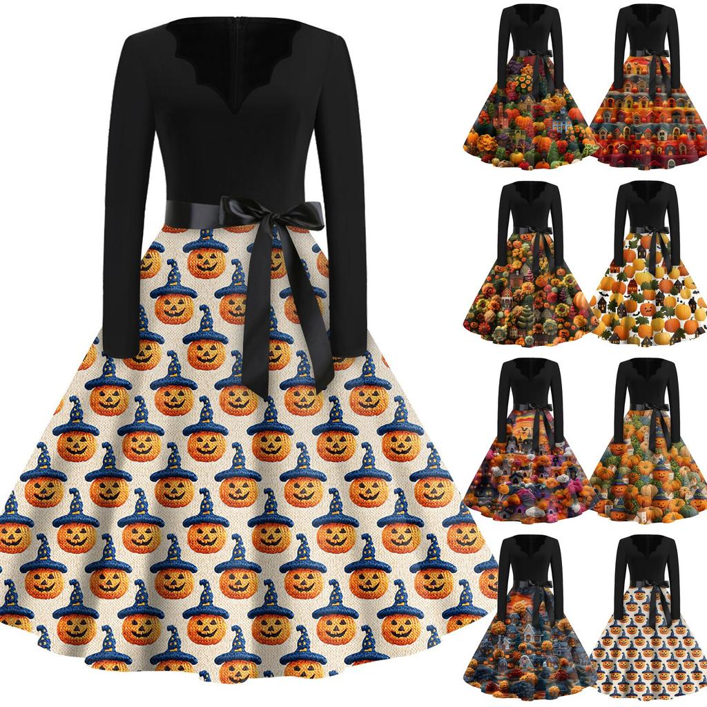 Halloween Print Flare Dress For Women Long Sleeve Dress Hollow Party Casual Dresses