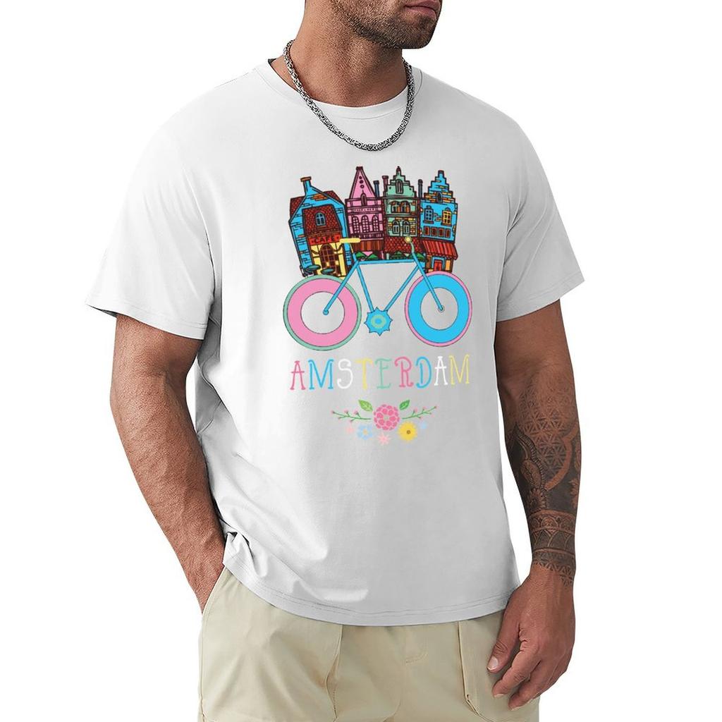 Floral Amsterdam Netherlands Bike Souvenir TShirt Short Sleeve Tee Tshirts Oversize Luxury Clothes Men