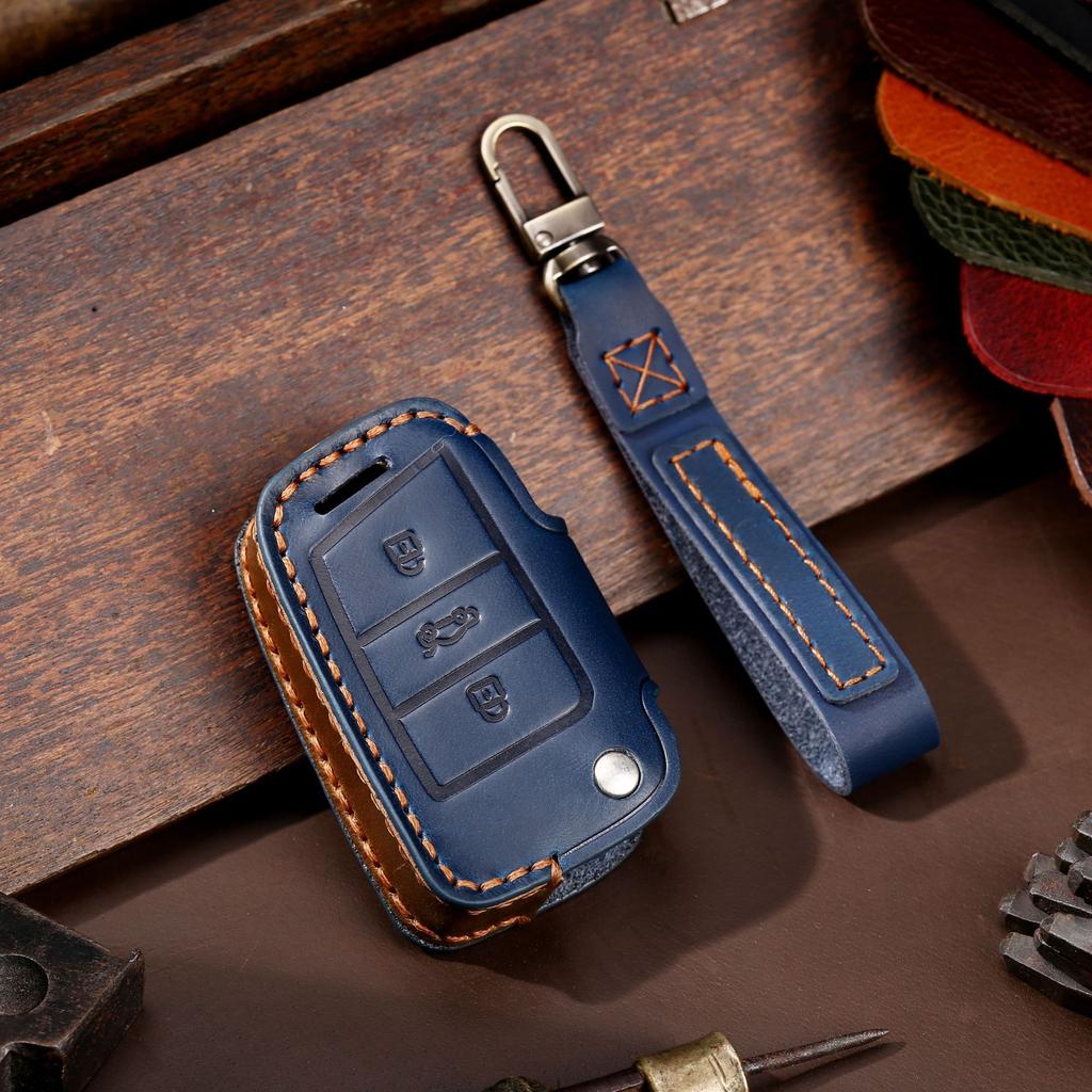 Leather key bag is suitable for Volkswagen key cover folding special protection car key cover genuine leather