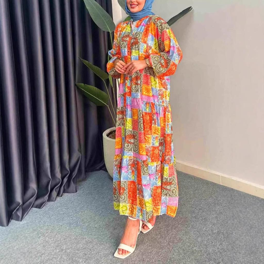 Women's long-sleeved V-neck bohemian print long dress