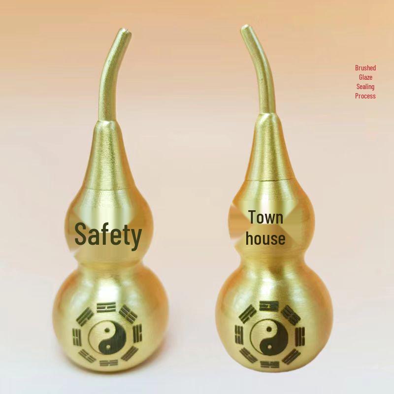 Brushed Brass Eight Trigrams Gourd Ornament – 7cm Ping an Wealth Attraction with Top & Bottom Openings