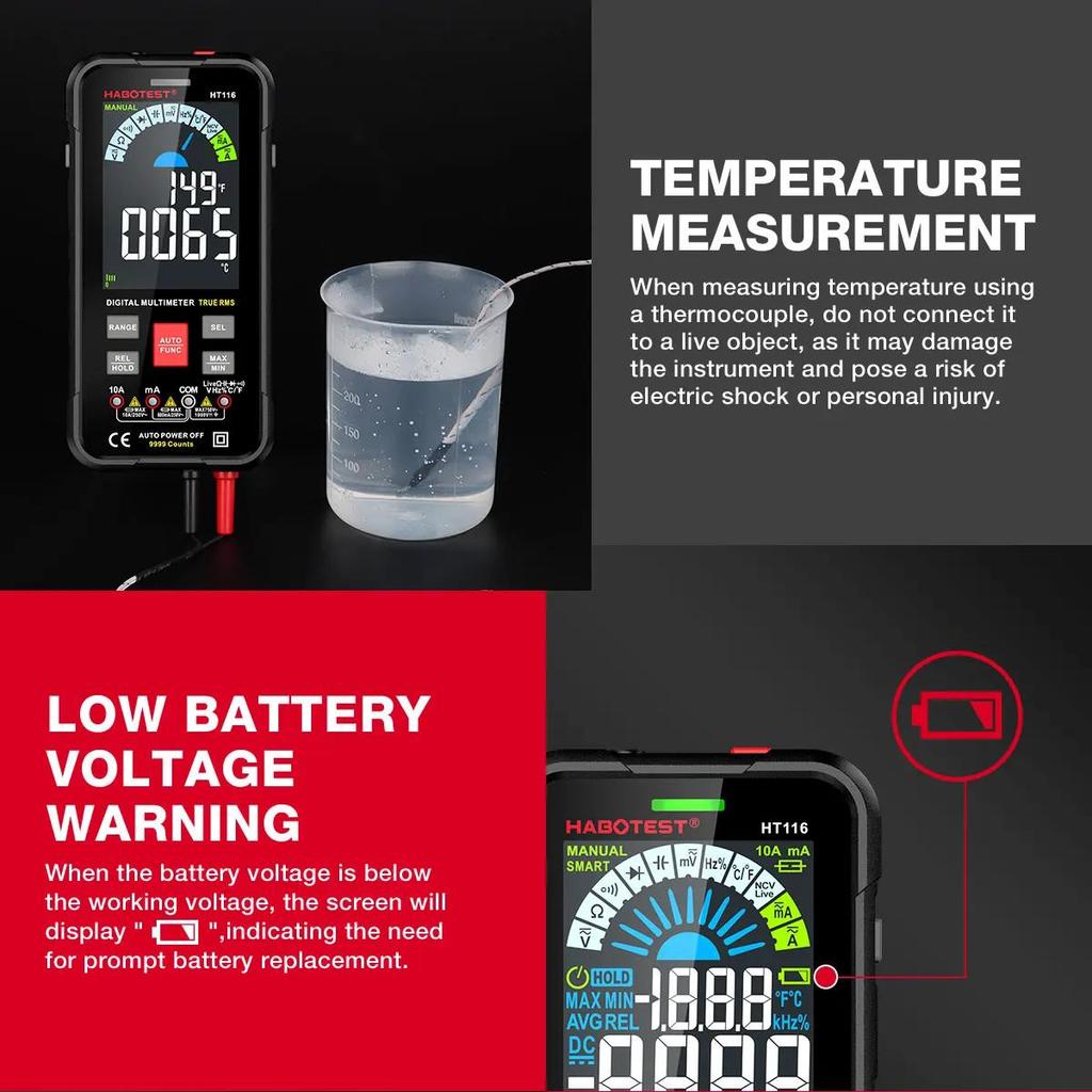 HABOTEST HT116 Digital Multimeter 9999 Counts Auto Range 1000V 10A Tester Meter Ohm Hz Capacitance True RMS Smart Multitester