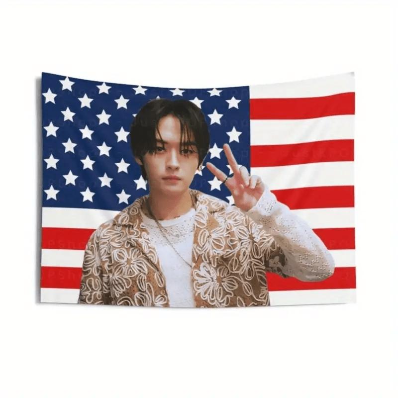 1pc SKZ Lee Know Peace Sign American Flag Tapestry Canvas SKZ Mountain Art 74x94cm(29x37in)