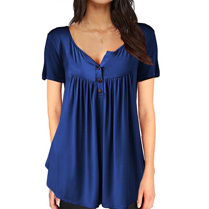 Women's Pleated Button Detail T-Shirt - Summer Casual Loose Fit Top with Ruffle Trim, Breathable Streetwear & Vacation Essentials