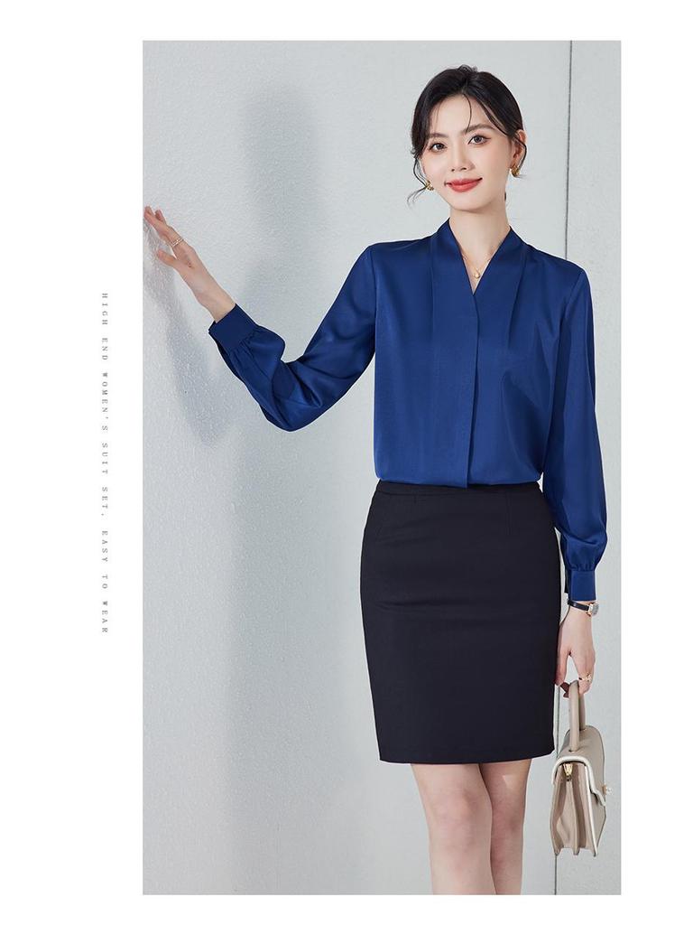 Black V-Neck Long Sleeve Women's Shirt - Petite Professional Interview Wear for Spring and Autumn