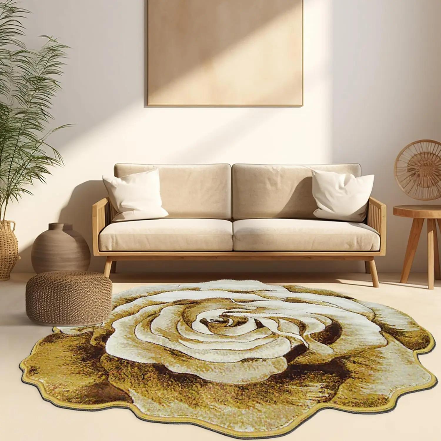 

VIKAMA Flannel Carpet Boho Coffee Table Sofa Cushion Bedroom Rose Floor Rug Round Rug Non-slip Mat Washable Durable Home Decor 60cm 24inch