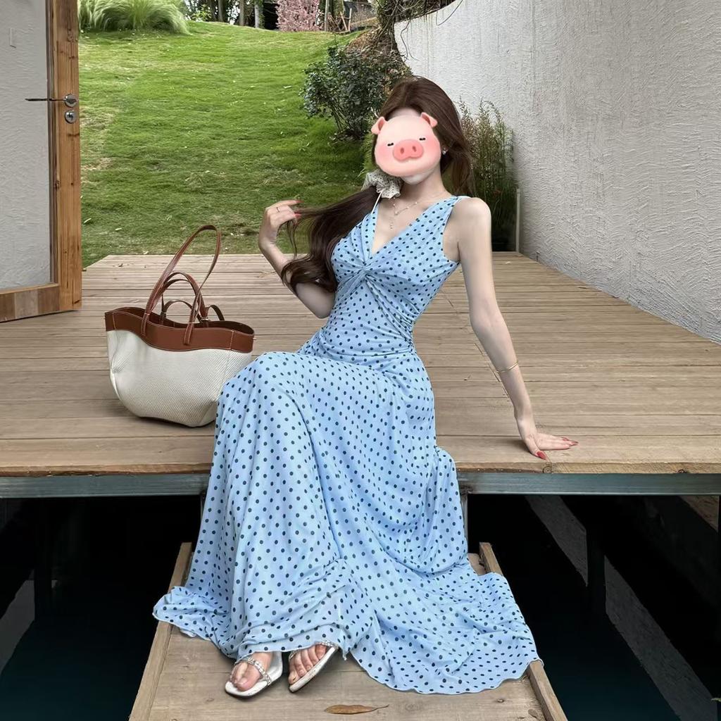 French Retro Blue Polka Dot V-neck Sleeveless Long Dress, Summer Lazy Wind Atmosphere, Island Vacation Wear Long Dress
