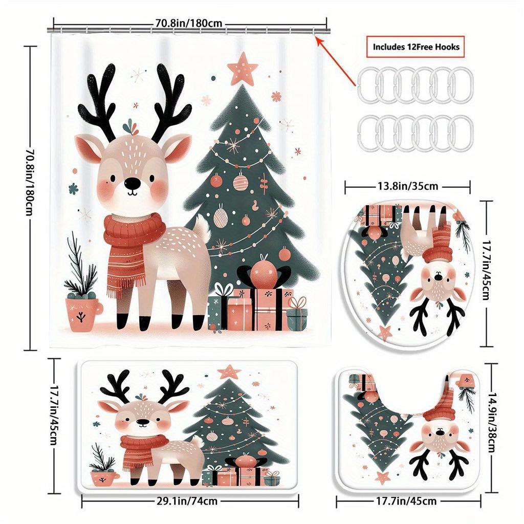 Christmas Merry Christmas 1/4pcs Winter Decoration Shower Curtain Set with 12 Hooks, Waterproof Shower Curtain, Non-Slip Bath Ma