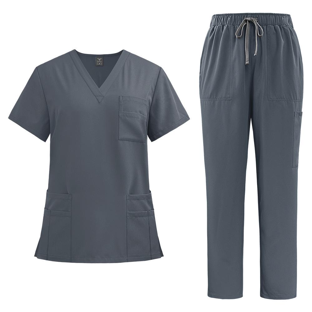 Unisex V-Neck Medical Work Scrub Suit with Pockets and Straight-Leg Pants