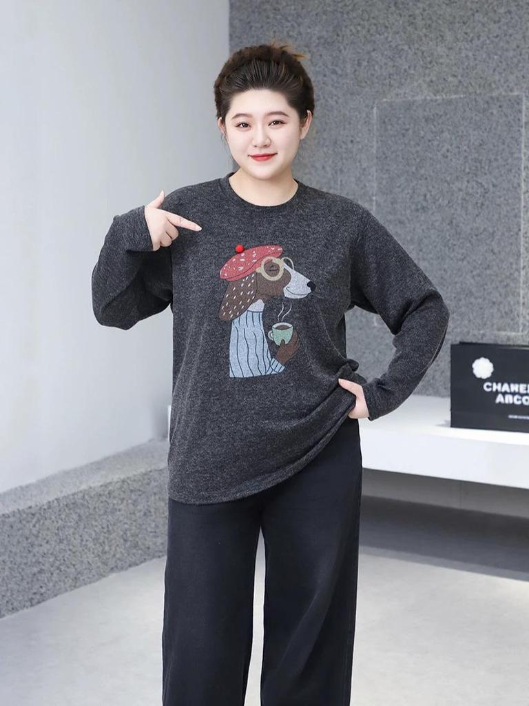 2025 Winter Korean Round Neck Loose Pullover Plus Size Women's Printed Top 