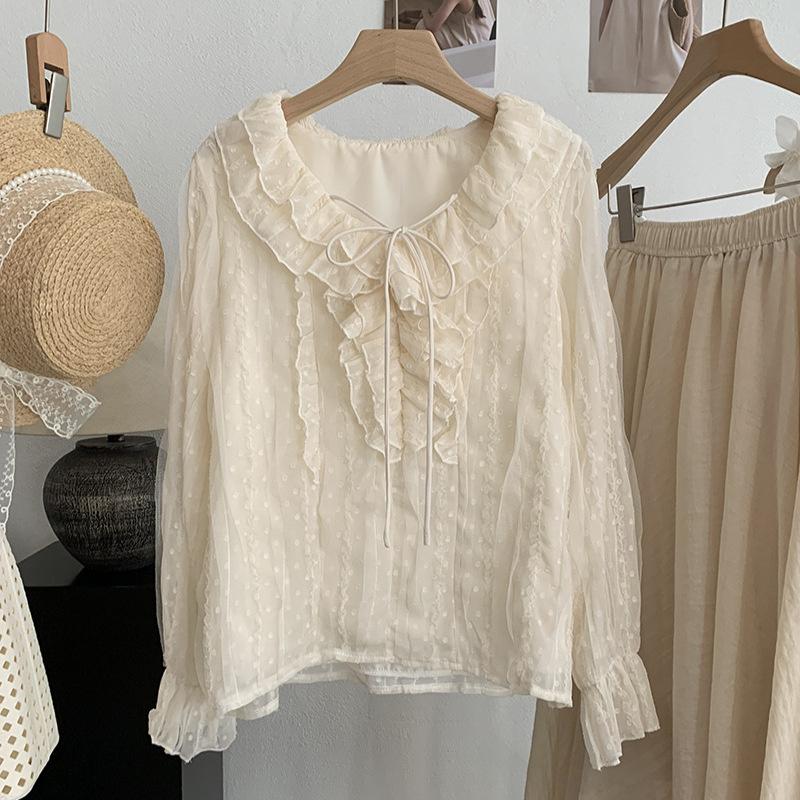 

Женская рубашка с рюшами, на шнуровке, с V-образным вырезом и рукавами-колоколами, 2026 Новый, элегантный, повседневный, с длинным рукавом one size fits all абрикосовый