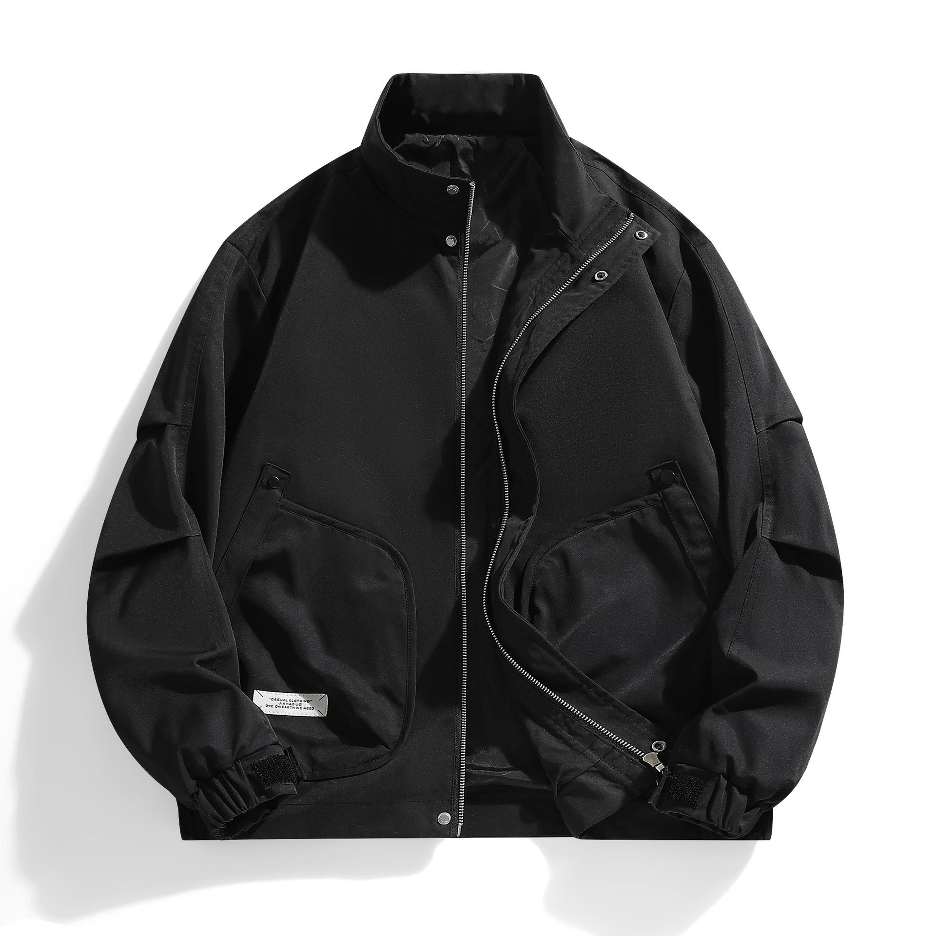 

2025 Men s Stand-Collar Solid Color Jacket: Hong Kong Style, Casual Plus Size, Thin Military-Industrial Coat 2XL чёрный