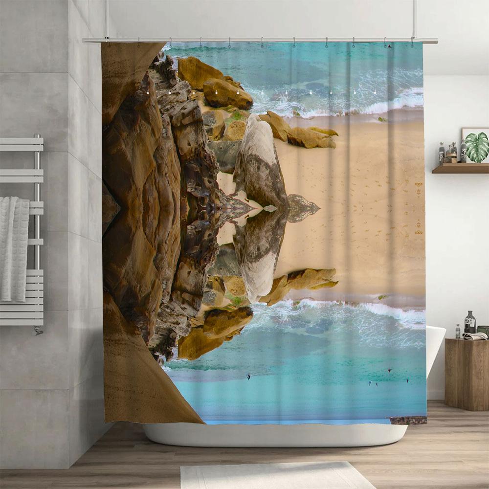 Beach Shower Curtain Coastal Rock Sand Blue Waters Print Home Decoration Decorative Bath Rug 3D Printed Waterproof Fabric Polyes