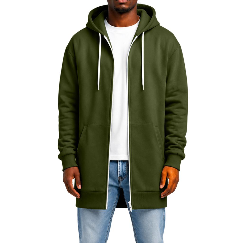 Men's Long Sleeve Longline Hooded Jacket with Double Zipper and Pockets