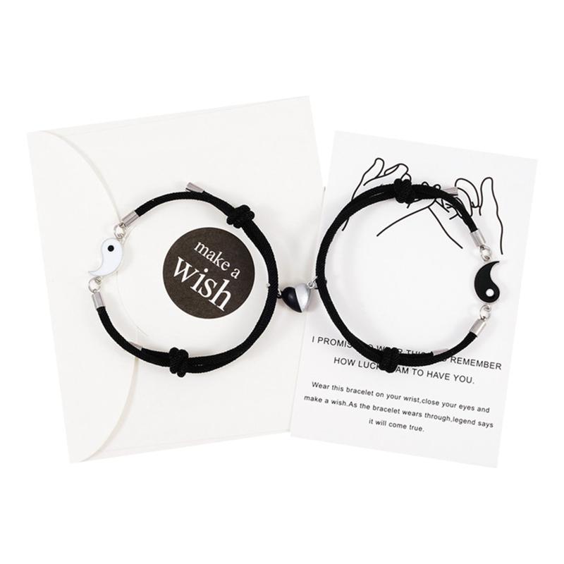2-piece Set Couple Bracelets Yin Yang Adjustable Cord Black and White Bracelets 1