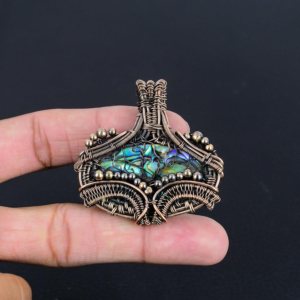 Abalone Shell 999 Copper Wire Wrapped Pendant, Handmade Gemstone Pendant Jewelry, Gifts For Wife Brand New Pendant