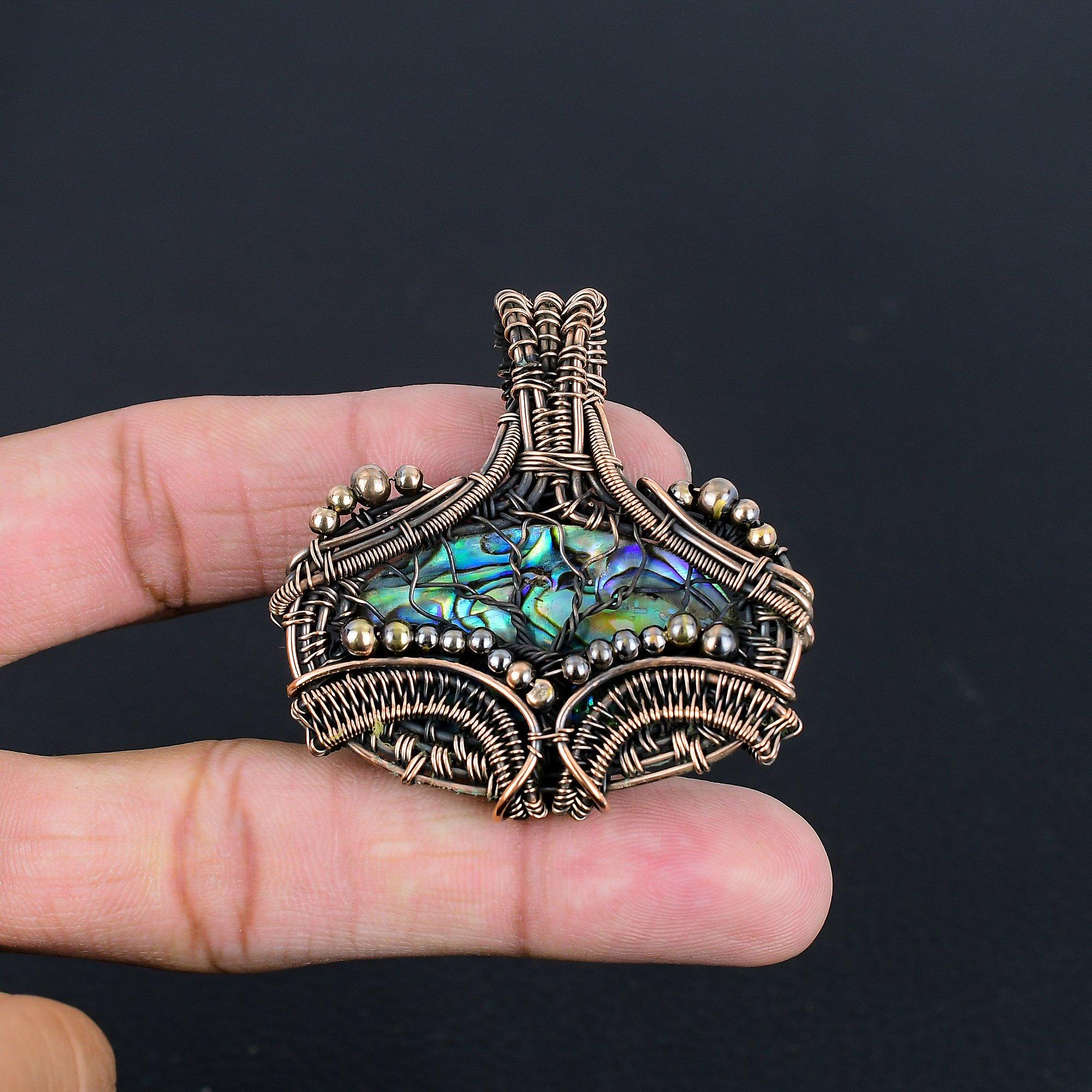 

Кулон из раковины абалона, обернутый медной проволокой 999 пробы, Ювелирные изделия с подвеской из драгоценного камня ручной работы, Подарки для жены, Совершенно новый кулон 2.55 Inches