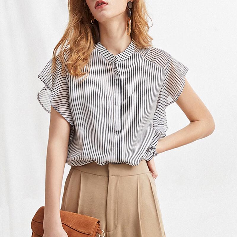 Demana Translucent Splice Ruffled Chiffon Blouse S