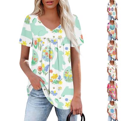 Ladies' Casual V-neck Short Sleeved Shirt With Pleated Easter Print On The Chest