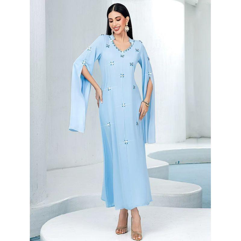 New Arrival Light Blue Long Cuff Sewing Glass Rhinestone Dress Hand Sewn Diamond Dress