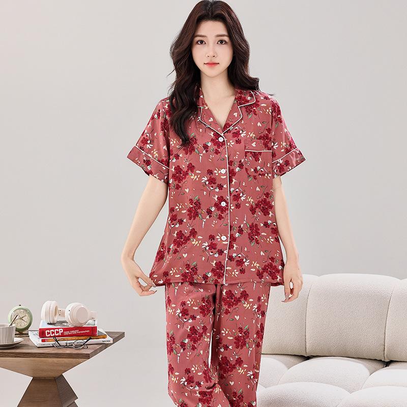 Spring and summer cotton and silk thin pajamas women's short-sleeved trousers set V-neck Korean version lapel button cardigan pajamas