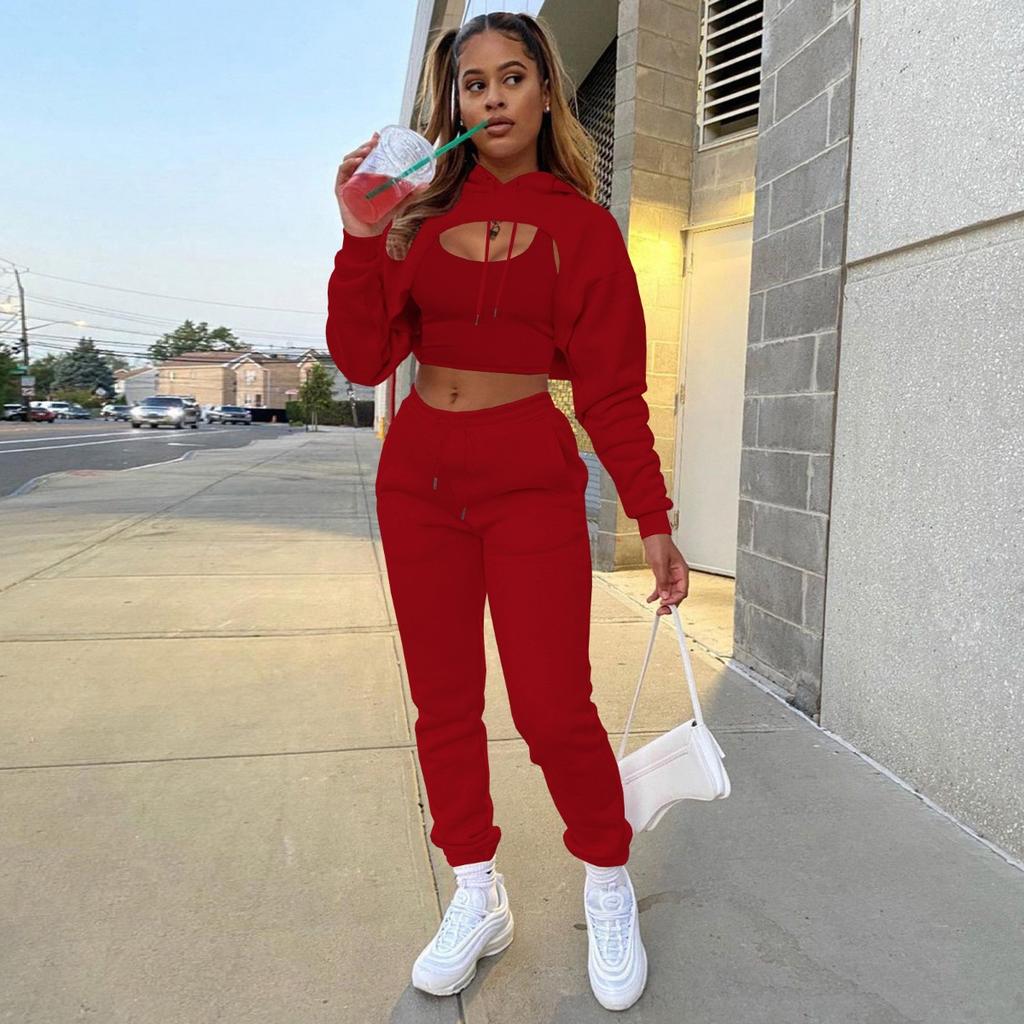Fashion, Women's Clothing, Plush, Solid Color, Hooded Sweatshirt, Long Sleeved Drawstring, Long Pants Vest, Three Piece Set