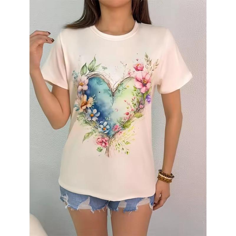 Casual Women's Short Sleeve Tops Colorblocking Floral 3D Print Round Neck Tops Fashion Short Sleeve T Shirt Women's Clothing