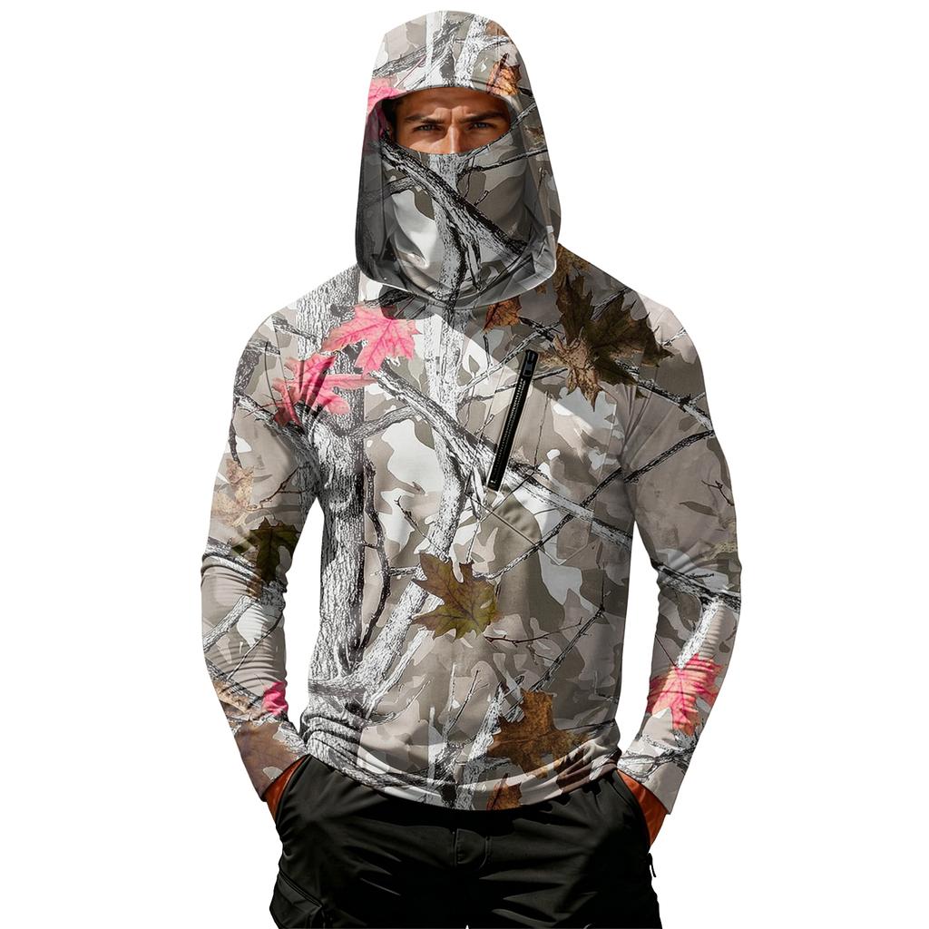 Men's Casual Leaf Camouflage Print Hoodie Long Sleeve Sun Protection Jacket Lightweight Breathable Outdoor Pullover with Zipper Pocket
