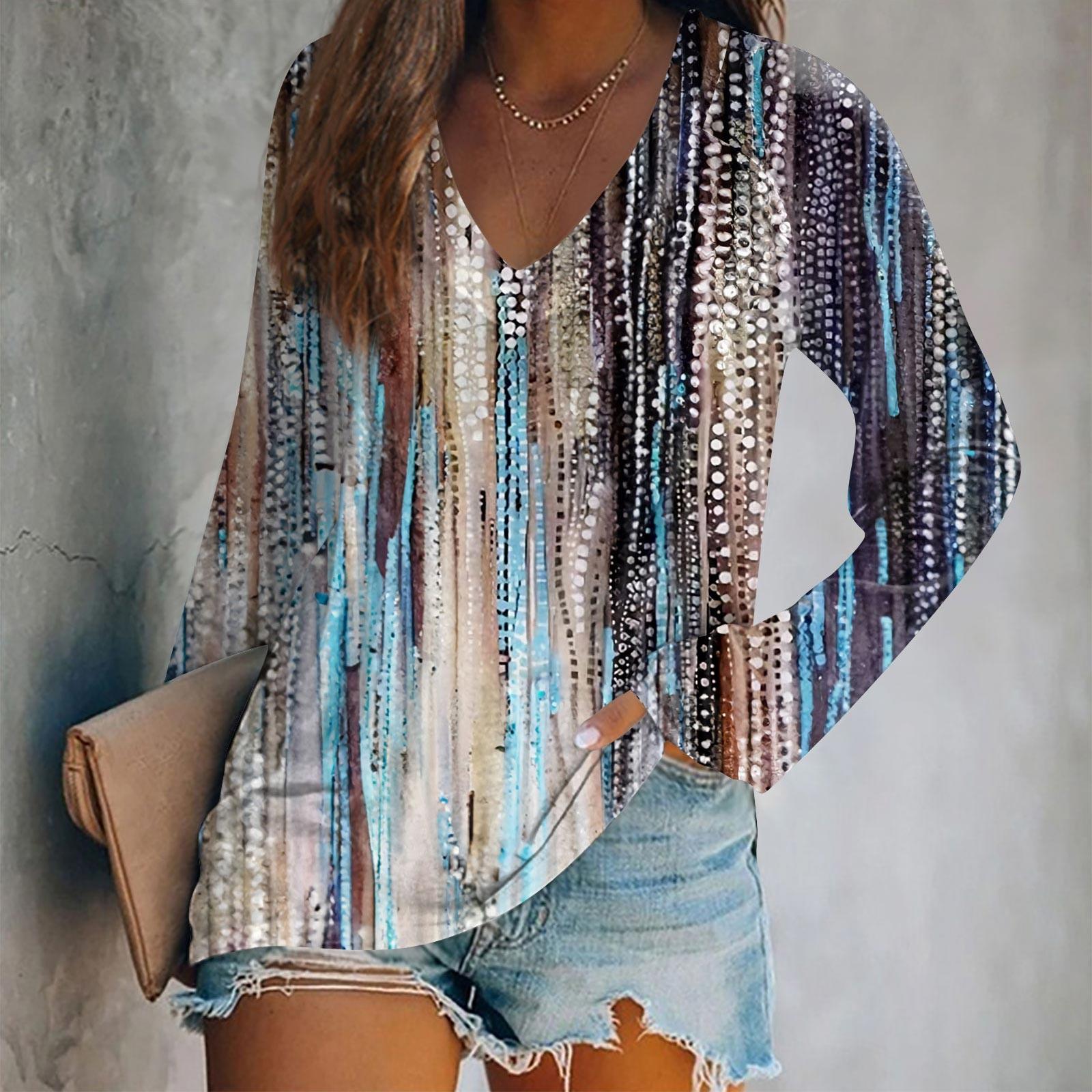Women s Long Sleeved T-shirt V-neck Tie Dyed Floral Stripe Print Casual Top M