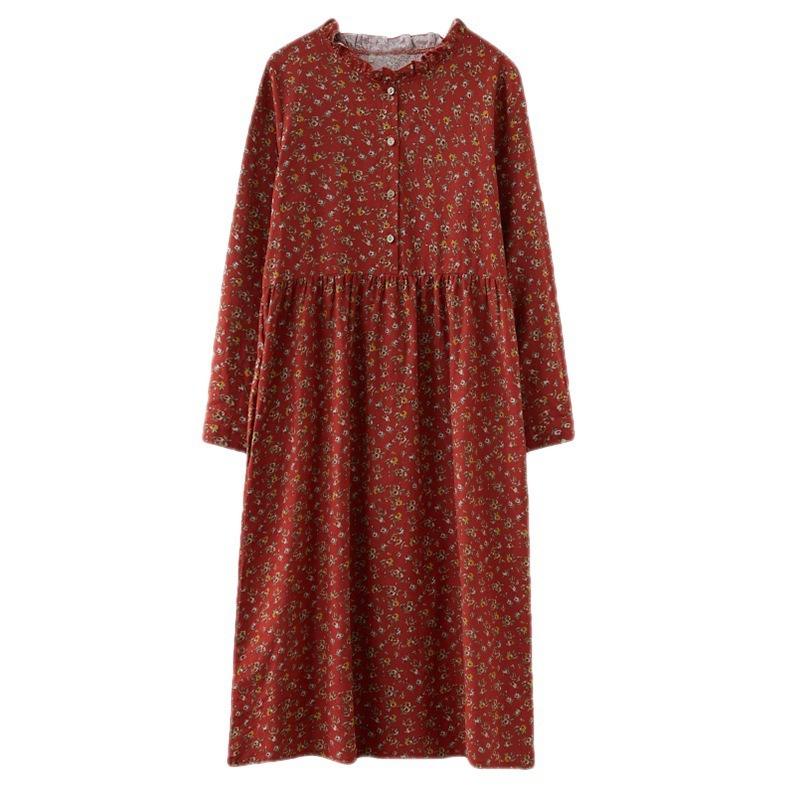 Real Shot Autumn New Retro Literary Cotton and Linen Loose Large Size Floral Long-sleeved Dress Women
