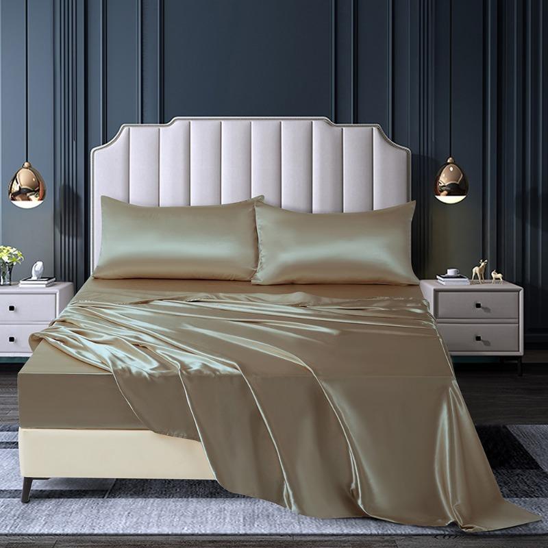 Summer Satin Silk-like Bed Sheet Set (Flat Sheet + Fitted Sheet + Pillowcase) Solid Color Mattress Cover Twin Full Queen Size