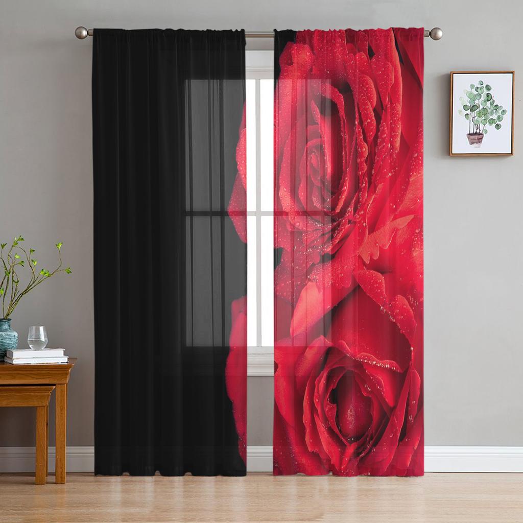 Red Rose Flower Black Tulle Curtains For Living Room Print Sheer Voile Curtain Bedroom Window Screening Drapes Blinds Home Decor