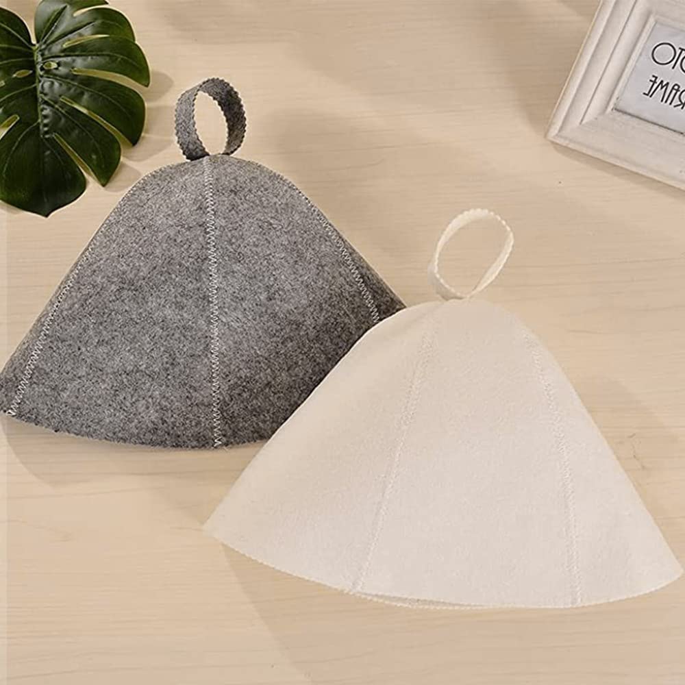 Samcos Sauna Hat 2-Color Set Wool Felt Towel Fabric Washable Sauna Cap with Handle Simple for Middle Long Hair Men Women White Gray Unisex