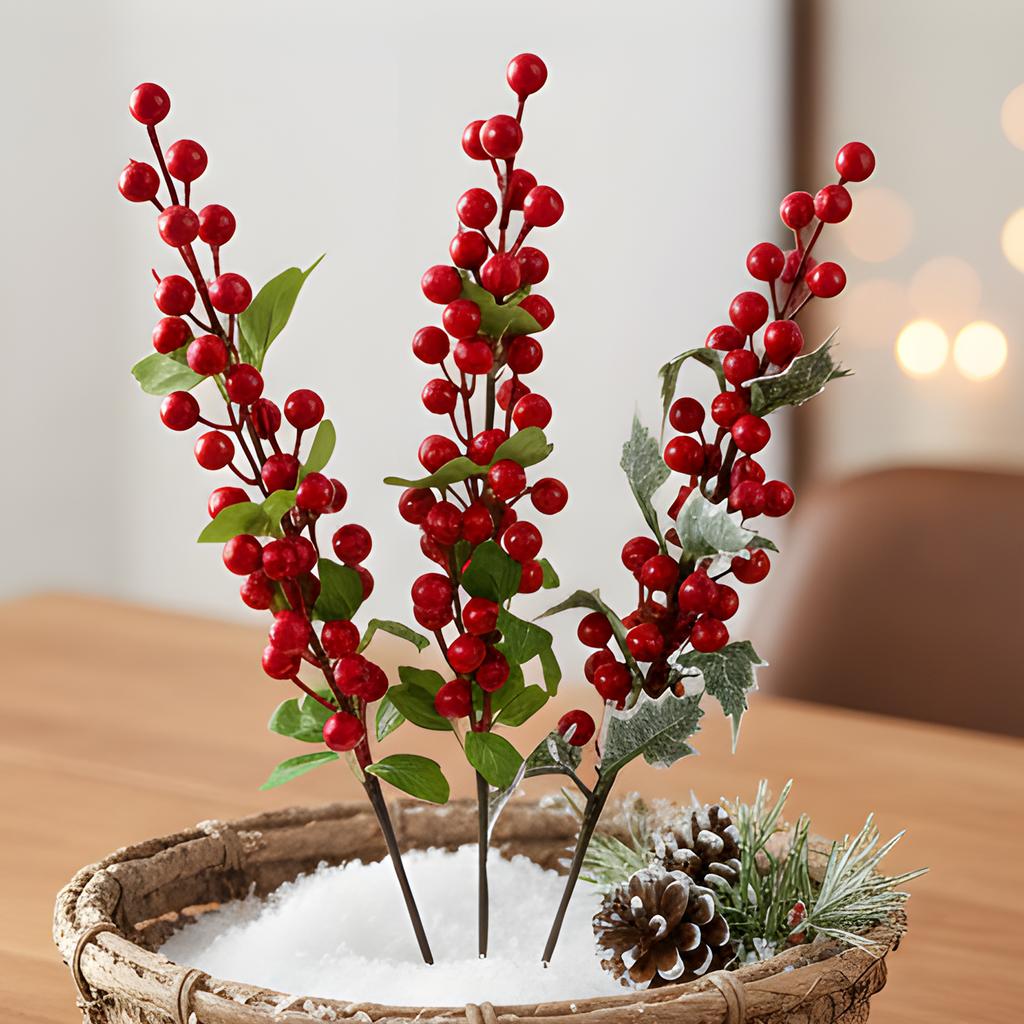 52cm Christmas Red Holly Berries Branch with Green Leaves Fake Berry DIY Garland Xmas Tree Ornaments Festival Party Home Decor