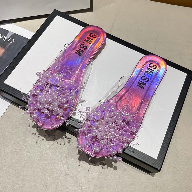 

[Armano] Baotou semi-slippers women s summer wear flat-bottomed rhinestone bows transparent soft-bottomed fish mouth cool slippers 40 лавандовый