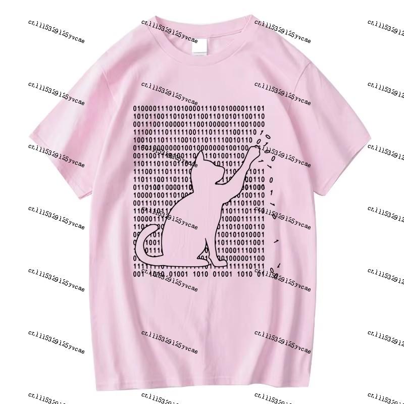 Creative Binary Cat Pattern Shortsleeve Tshirt Casual Comfortable Round Neck Top Unisex Trendy Halfsleeve