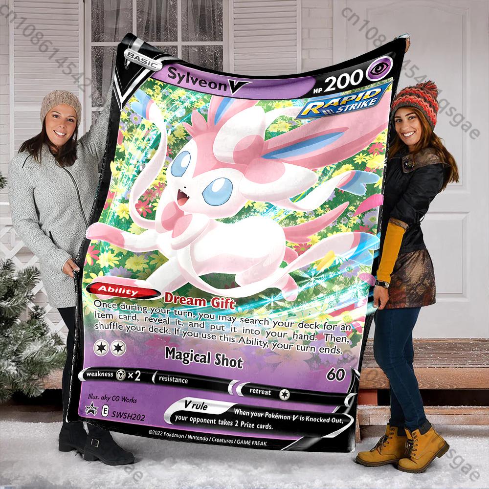 Cartoon Pokemon Cards Sylveon Printed Blanket Flannel Fluffy Soft Blanket for Adult Kids Plush Sofa Home Car Camping for Gifts