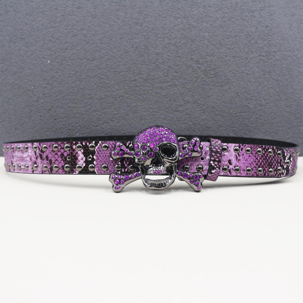 Y2K Rhinestone Skull & Snake Punk Belt - Unisex Leather with Rivet Decoration
