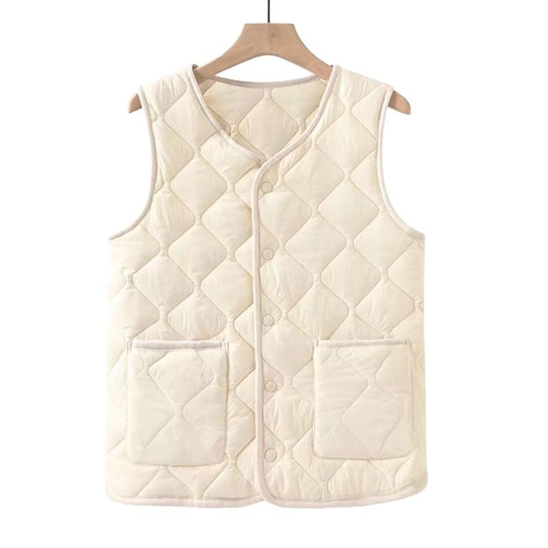 Nová vesta podzimní a zimní péřová bavlněná vesta kostkovaná kulatý výstřih dvojitá kapsa kapsa velká velikost outfit pro matku