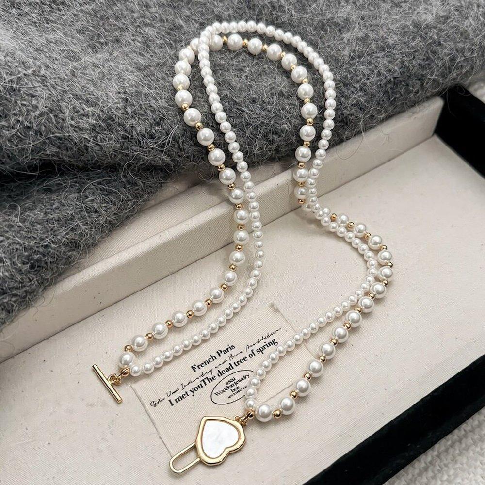 Women's Pearl Heart Double Layered T-Toggle Necklace