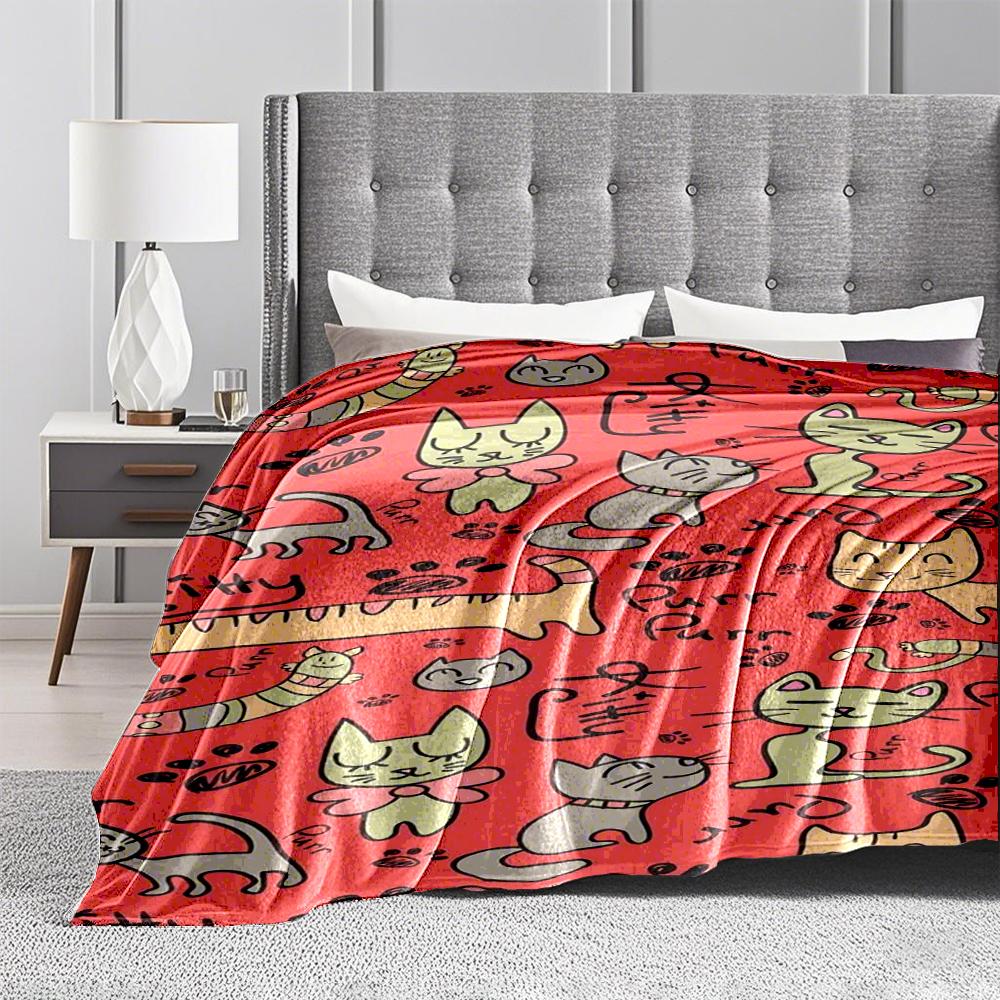 Cute Cartoon Cats and Words Pattern Flannel blanket for bedroom, living room, sofa, and nap