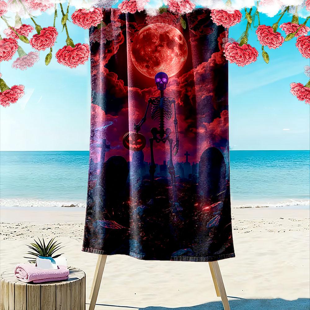 Eerie Moonlit Skeleton Elegance Print Beach Towel, Quick Drying, Suitable for Travel, Outdoor Sports, Jogging, the Beach and Swimming, Gift
