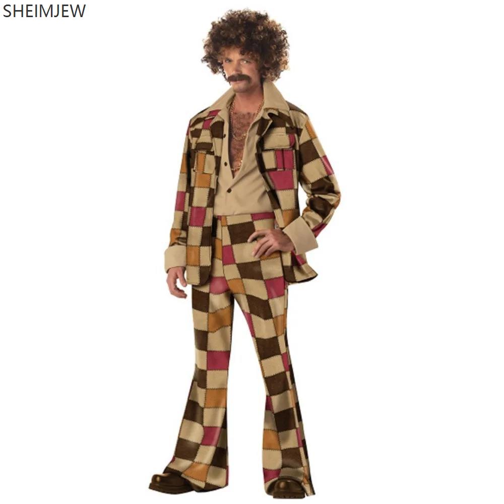 Couple Retro Disco Plaid Costume Role Playing Game Uniform Adult Men Women Combination 70s Hippie Stage Bar Rock Performance Pan