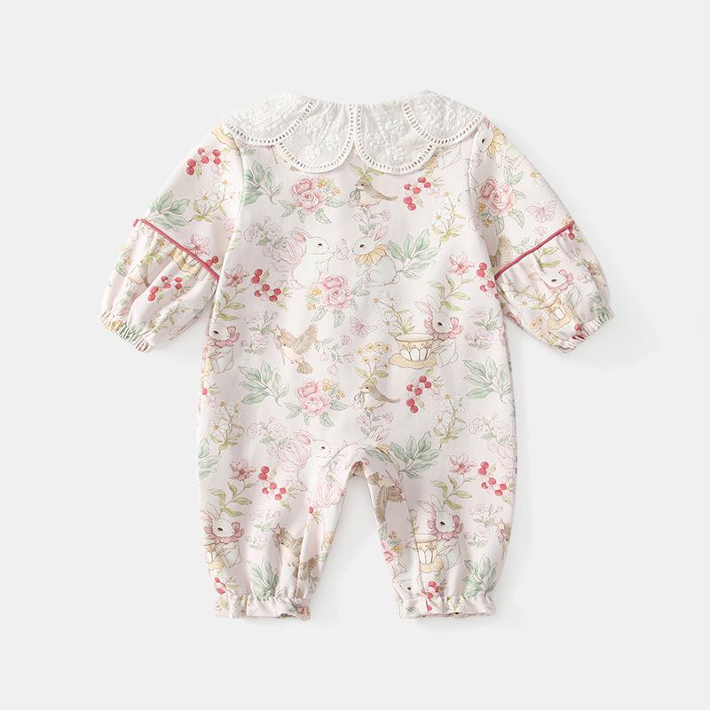 Autumn Rabbit Print Bowknot Baby Girl Romper Onesie