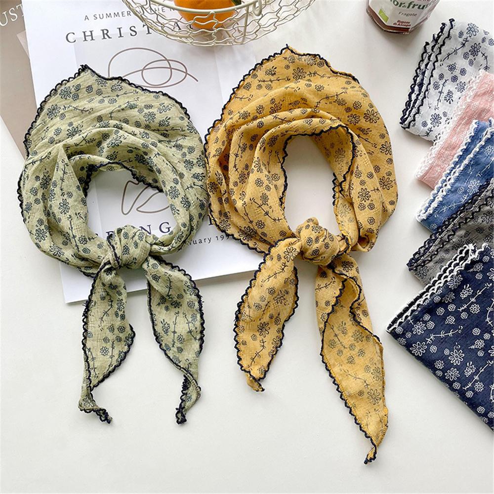 Lightweight Floral Triangle Scarf Korean Style Thin Vintage Neck Scarf Head Wrap Breathable Cotton Linen Scarf for Women