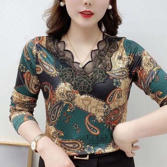 Spring Autumn New Elastic Tshirt Slim Long Sleeve Bottoming Shirt Women's Versatile Fashion Print Pullovers Top L-5XL