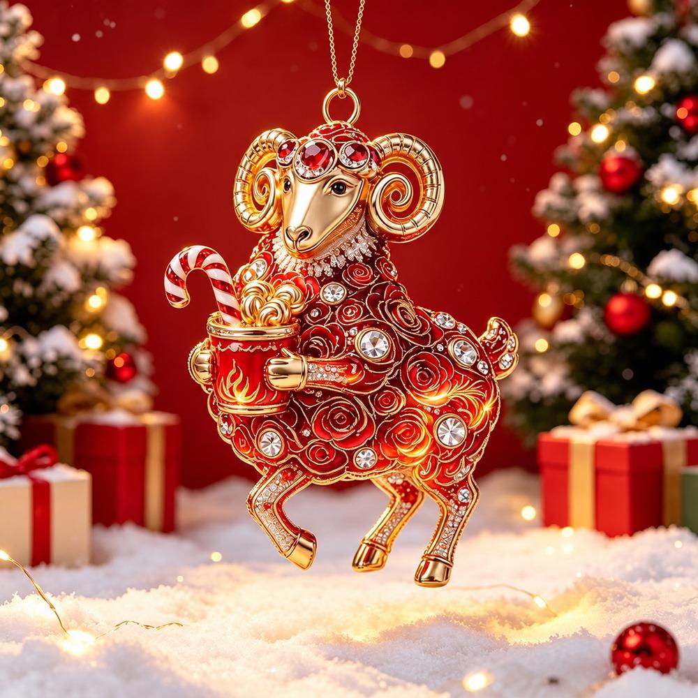 Artificial Rhinestone Goat Pendant 2D Flat Animal Hanging Decoration Christmas Tree Ornament