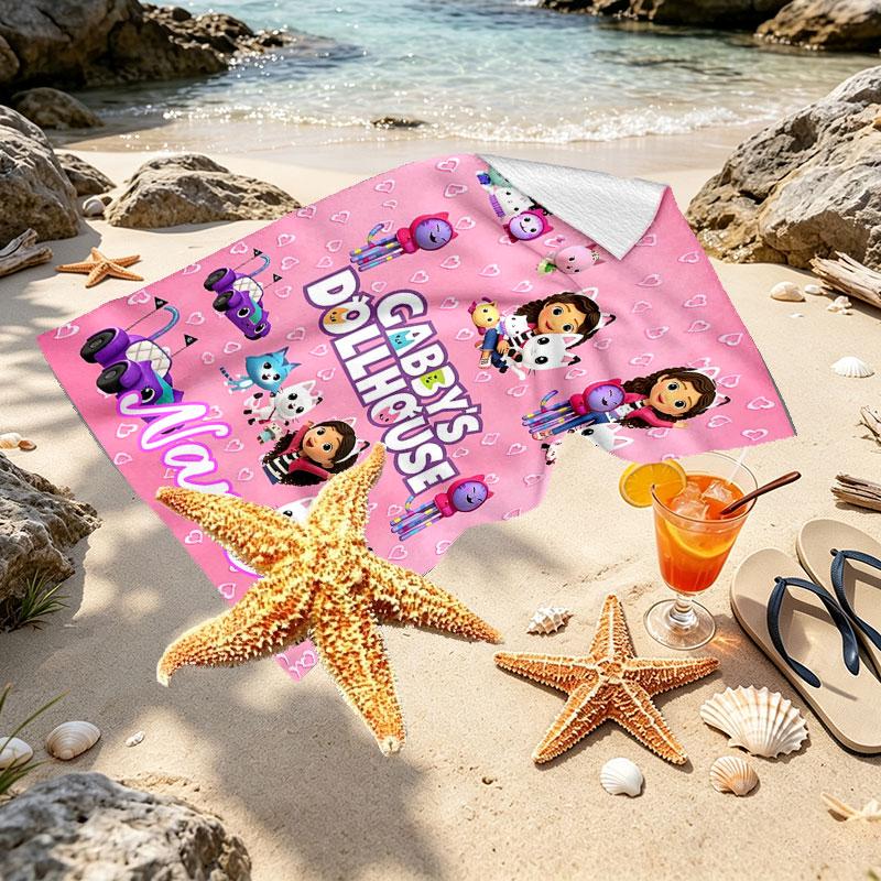 Custom Name Personalized Gabby's Dollhouse Print Beach Towel, for Trip Camping Beach Party Home Decor, Birthday Gift for Family & Friends