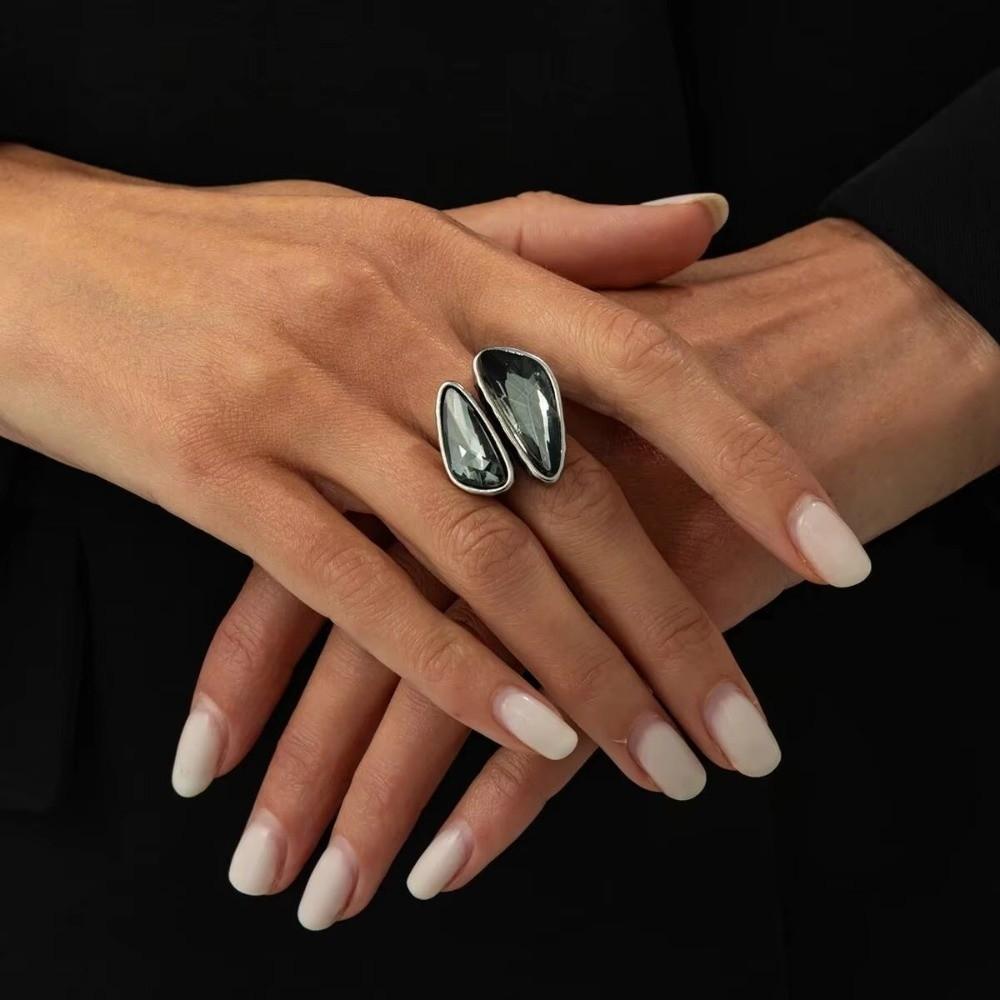 Goth Crystal Zircon Ring Grey Square Finger Rings Fashion Accessory Open Rings  Women