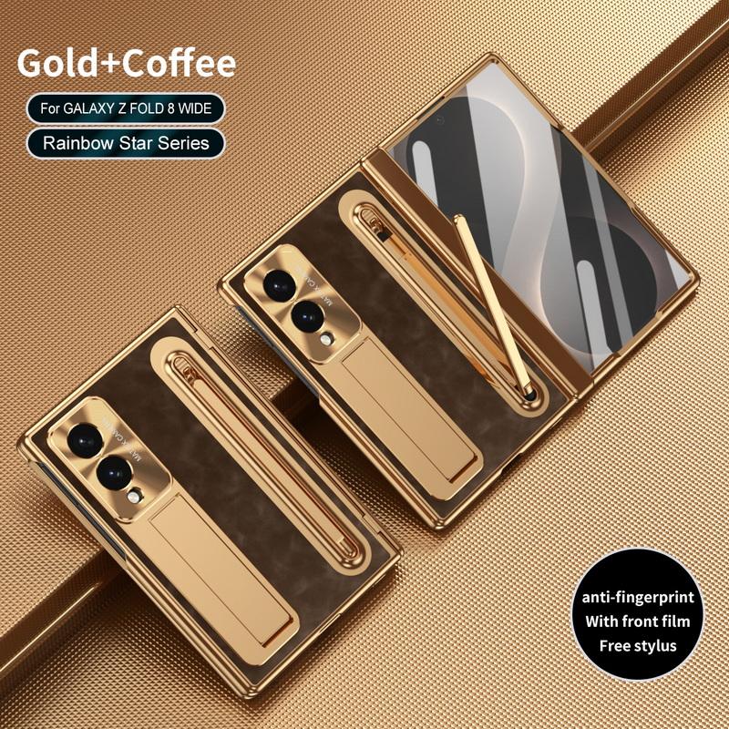 Plating Leather Phone Case For Samsung Galaxy Z Fold 8 Wide 7 6 5 4 TriFold Luxury Hidden Bracket Cover with Pen Slot & S Pen Screen Protector Film